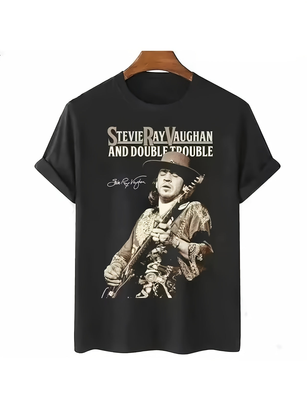 Unique Patterned Black T-Shirt - Rolled Sleeve Design, Metallic Font with Monochrome Guitar Illustration - Stylish Casual T-Shirt for Music Lovers, Perfect for Everyday Wear Or Concerts - Comfortable Fabric for All-Day Ease.