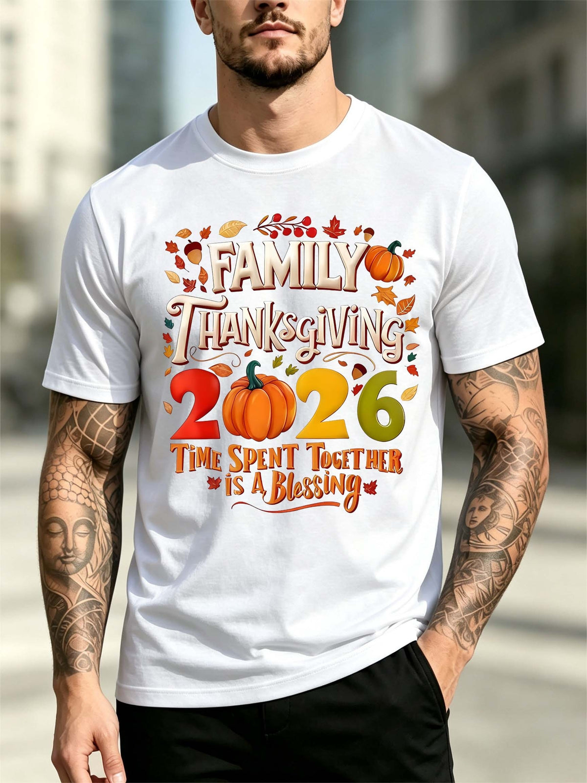 Family Thanksgiving 2026 Pumpkin Fall Leaf Slogan Men Short Sleeve T-Shirt Family Thanksgiving Gathering Crew Neck Tee
