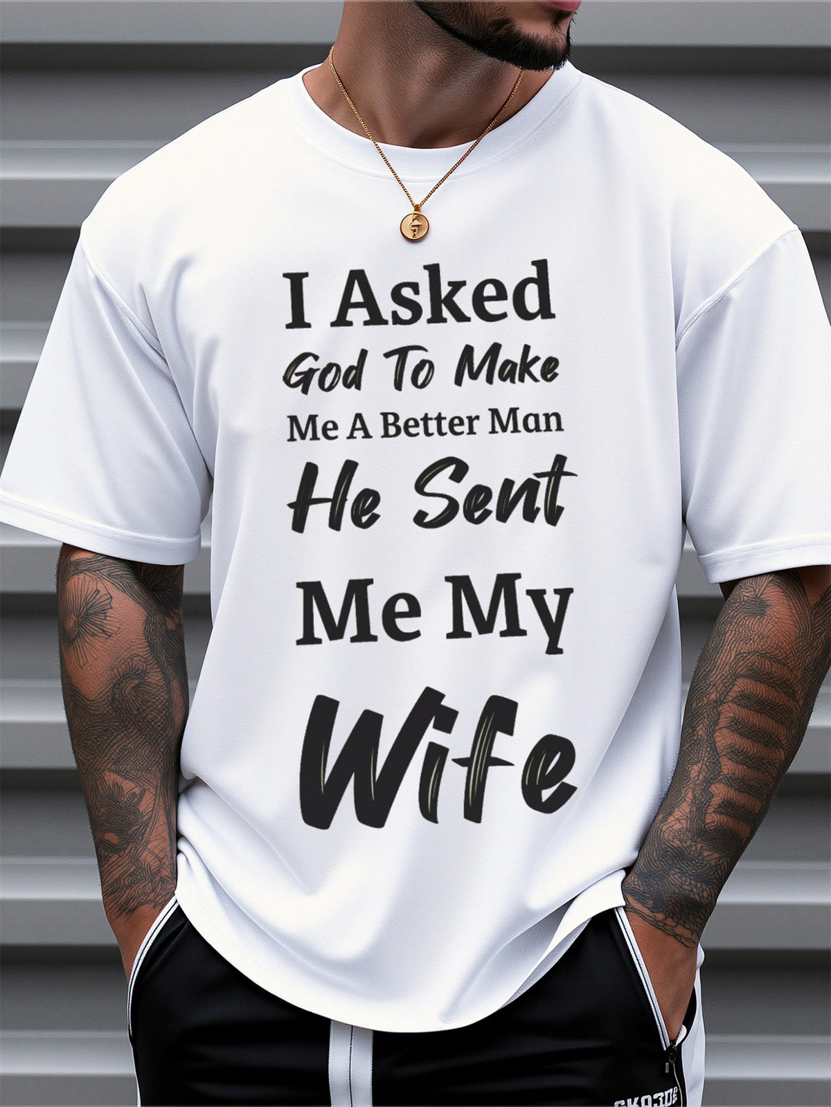Men's Funny Marriage Humor T-Shirt - "I Asked God to Make Me a Better for Man He Sent Me My Wife" Print, 100% Cotton Relaxed Fit Breathable White Casual Tee, Christian Gift for Husband, Wedding Anniversary Apparel, Short Sleeve Round Neck Shirt for Daily