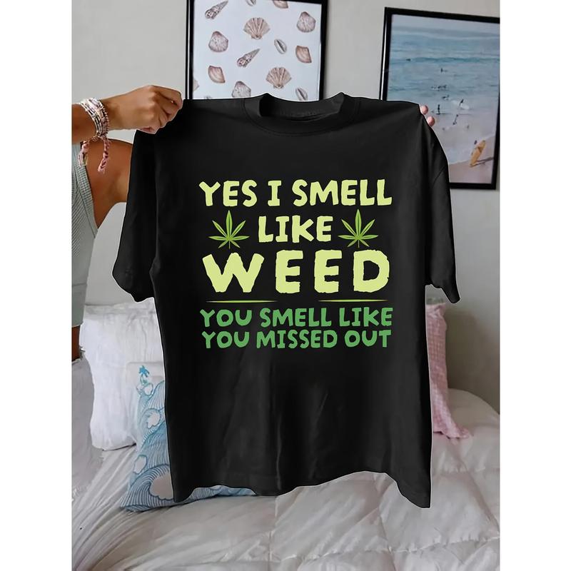 Men's 100%25 Pure Cotton Graphic T-Shirt - Funny Weed Leaf Print, Round Neck, Short Sleeve, Fitted Cut, Ribbed Fabric, Chic Casual Streetwear, Party Outfit, Birthday Gift for Boyfriend