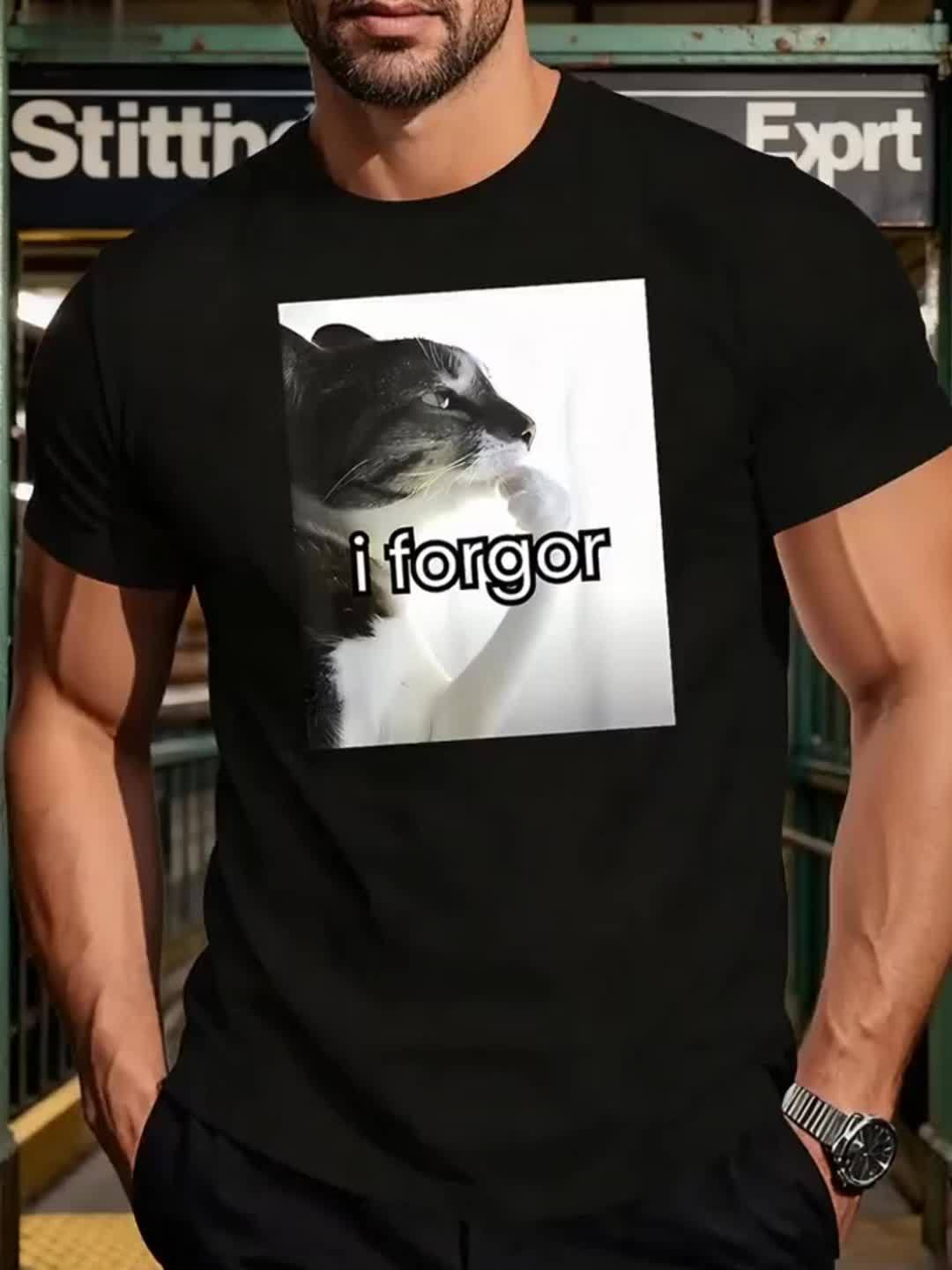 A Loose Short-sleeve Top with Funny Text A Funny Cat "I Forgot" Meme T-shirt Black T-shirt Featuring A Forgetful Tabby Cat Pattern