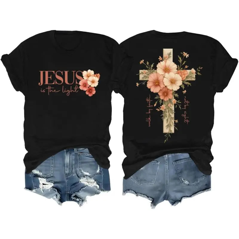 Men's Fitted Cut Classic Casual Christian Faith Floral Cross Graphic T-Shirt - Short-Sleeve, Round Neck, Pure Cotton Chic Top with Vivid Print, Western Style Basics, Year-Round Use