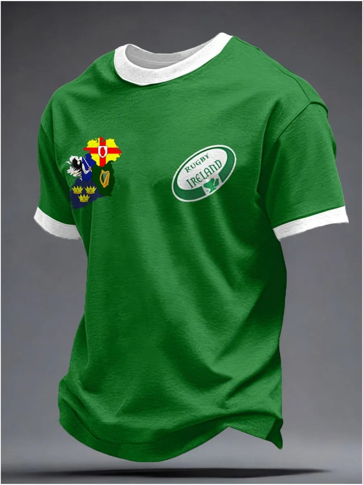 [Printed Design - Not Textured] Irish Rugby Sport, Unisex Crew Neck Short Sleeve, Breathable and Comfortable Green Top, Featuring Four Provinces and a Shamrock Pattern, a Casual Sportswear Suitable for Sports Enthusiasts