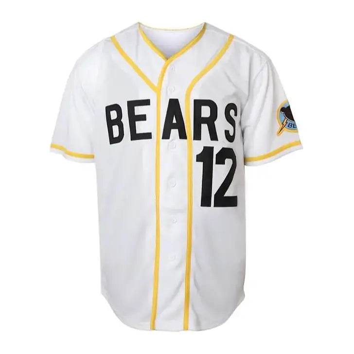1976 "Let Freedom Ring" Movie Replica Baseball Jersey, #12 Tanner Boyle Movie Fan Gear, Short Sleeves Apparel Jersey with White Base, Yellow Piping & Bail Bonds Logo (Numbered Fronts)