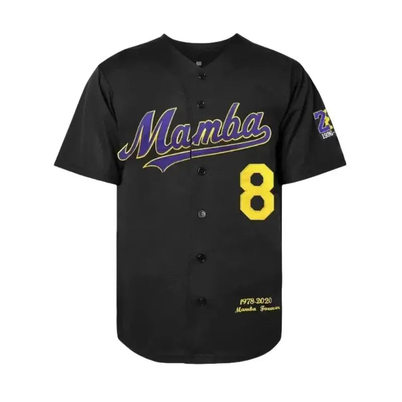 Men's Loose-Fitting Polyester Short Sleeve Shirt - V-Neck Button-Down Kobe-Inspired Baseball Embroidered Jersey, 24 Large Number Back Athletic Top for Casual Wear, Hip Hop Performances