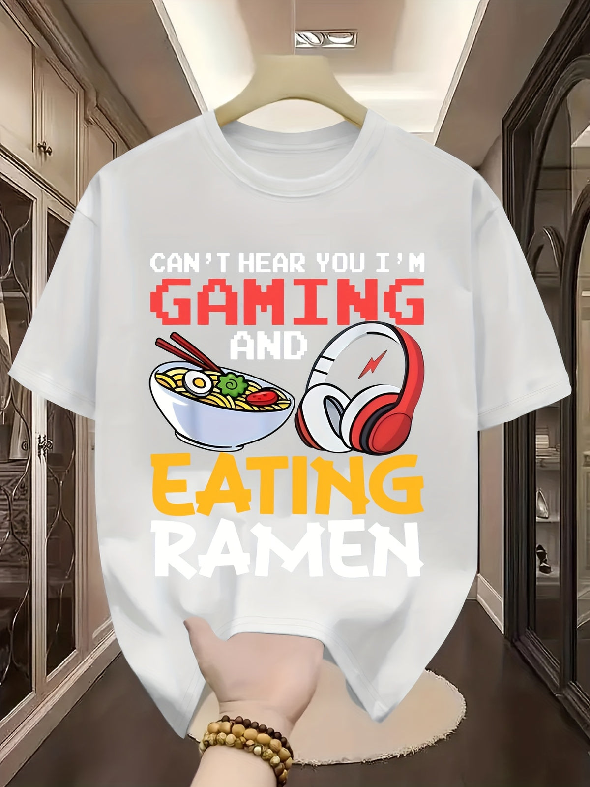 Funny "Can't Hear Me Playing Games/Eating Ramen" Gamer T-Shirt - Unisex Summer Casual Streetwear Tee with Round Neck & Short Sleeve, 95% /5% Spandex for PC/Console Gaming, Let's Plays & for eating Challenge Videos - Ideal