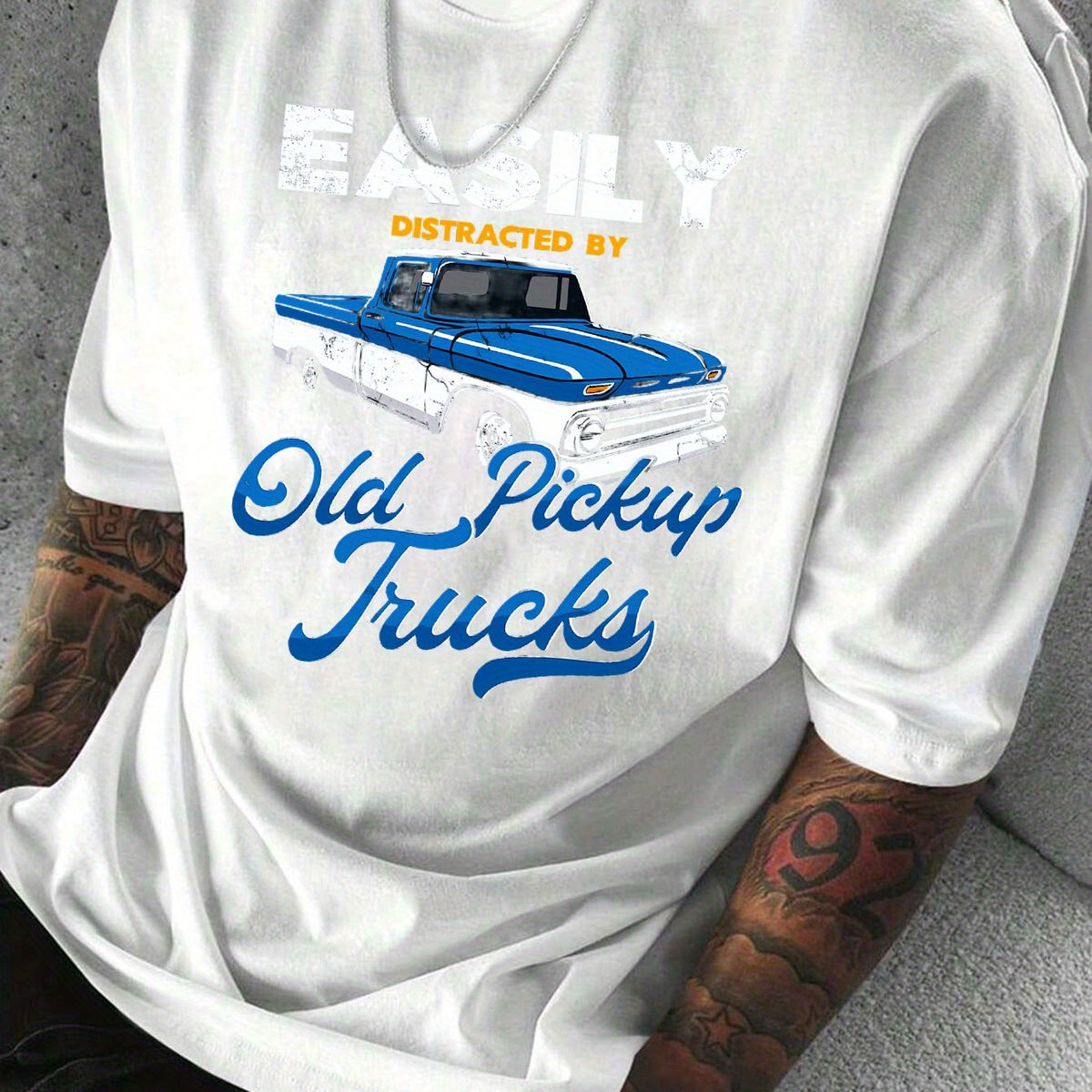 Men'S Outdoor Casual T-Shirt with Vintage Pickup Truck Pattern And Letter Print
