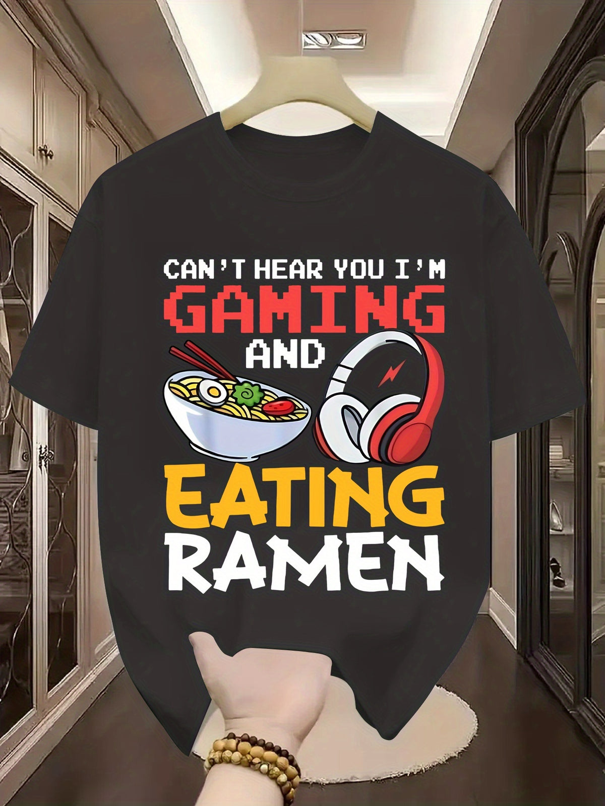 Funny "Can't Hear Me Playing Games/Eating Ramen" Gamer T-Shirt - Unisex Summer Casual Streetwear Tee with Round Neck & Short Sleeve, 95% /5% Spandex for PC/Console Gaming, Let's Plays & for eating Challenge Videos - Ideal