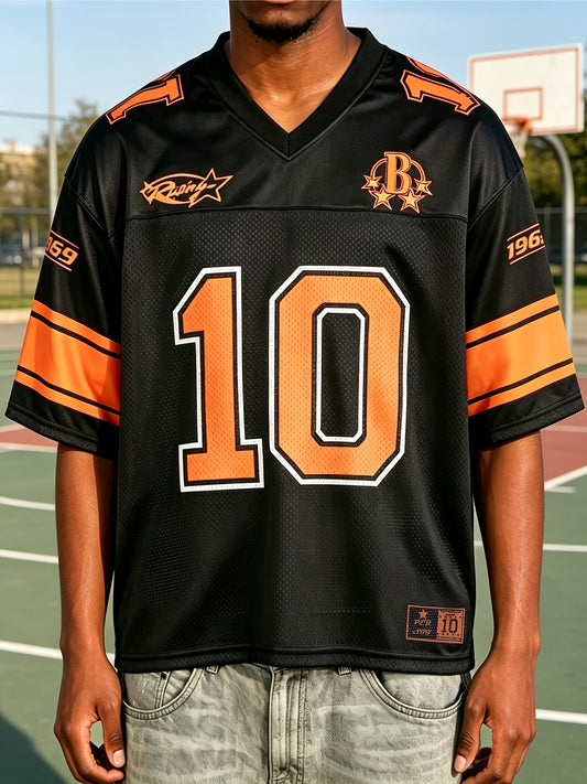 Men's American Vintage Hip-Hop Rugby Jersey T-Shirt, Mesh Breathable Loose Fit Digital Print Short Sleeve Top, Summer Streetwear Daily Wear