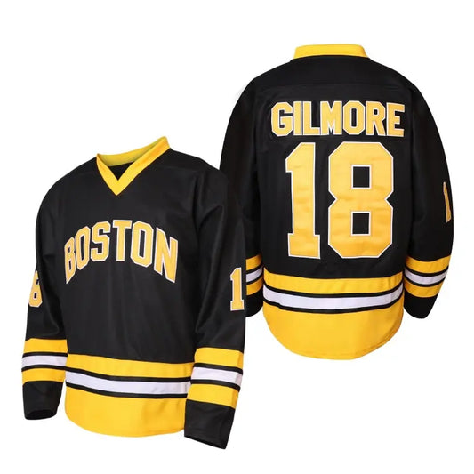 Boston Happy Gilmore #18 Adam Sandler 1996 Movie Stitched Letters Ice Hockey Jersey - Vintage V-Neck Polyester Mesh Athletic Shirt, Long Sleeve 90s Unisex Fitted Apparel, Quick-Dry Casual Sporty All Seasons Daily Wear Sportswear, US Sizes (See Size Chart)