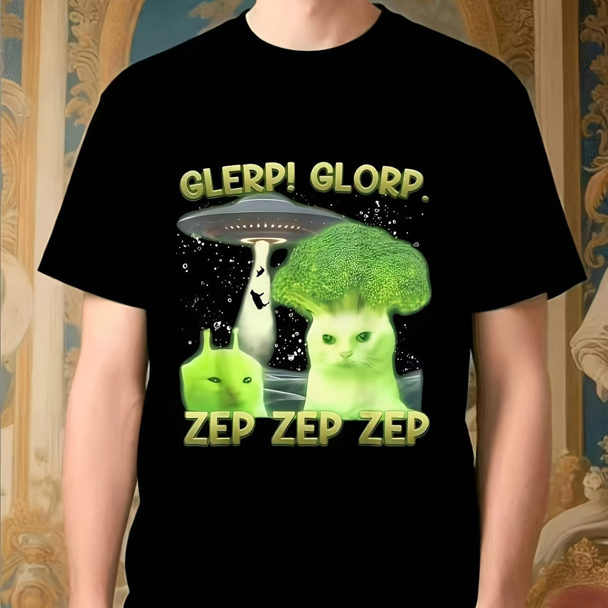 Funny Alien Cat Meme, Goofy Cat, Cauliflower, Humorous Proverb, Comedy, Playful, Boyfriend Gift, Breathable, Casual Fashion T-Shirt, Print Soft Touch, Men'S Round Neck T-Shirt