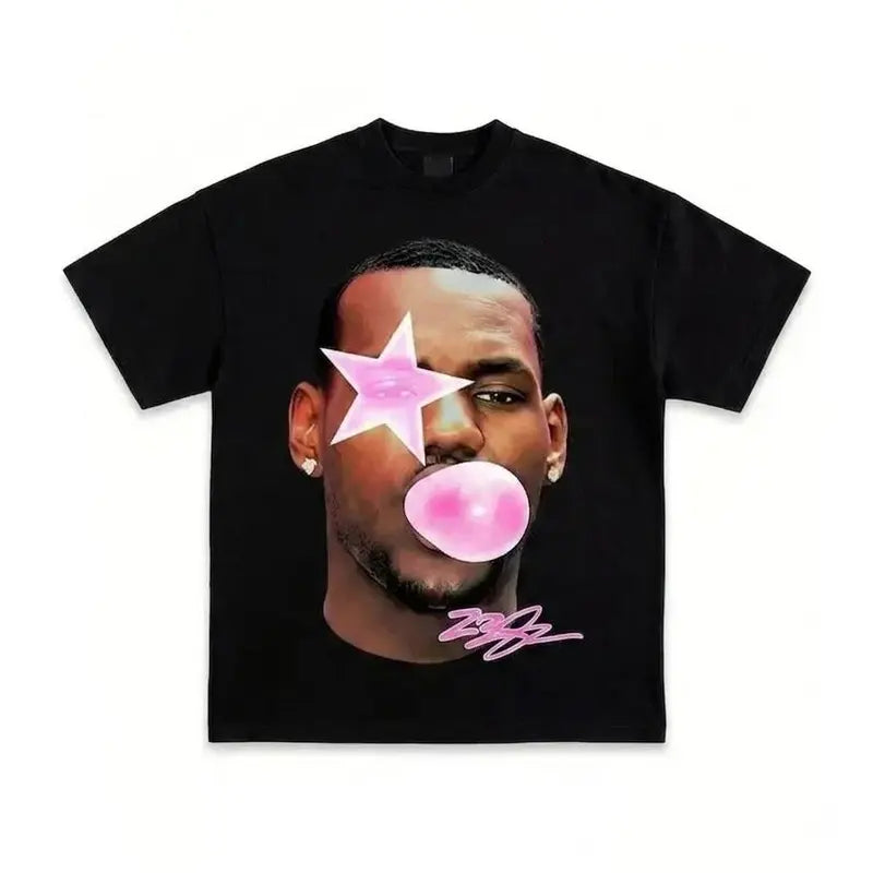 Men's Lebron Basketball Graphic Tshirt - 220G Pure Cotton, Regular Fit, Heavyweight, Single-Sided Print, Round Neck, Shortsleeve, Cold Wash Safe, Plant Pattern, Premium Quality, Y2K Rap Inspired, Casual Menswear Top