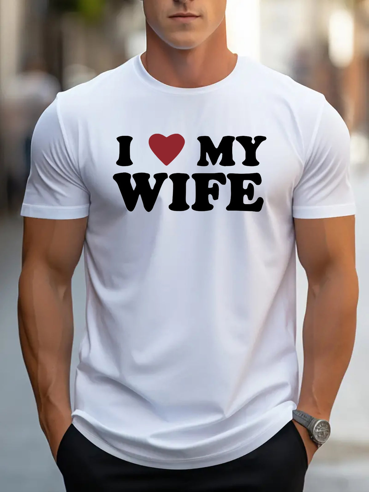 Men's Stylish " I Love My Wife" Creative Print T-Shirt, Crew Neck Short Sleeve, Casual Tee, Versatile Top For Spring And Summer, Trendy Streetwear Fashion