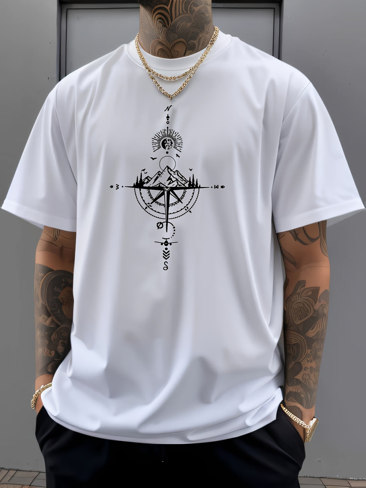 Men's vintage compass-print short-sleeve crew-neck casual athletic lightweight T-shirt; a versatile polyester top suitable for spring and summer wear.