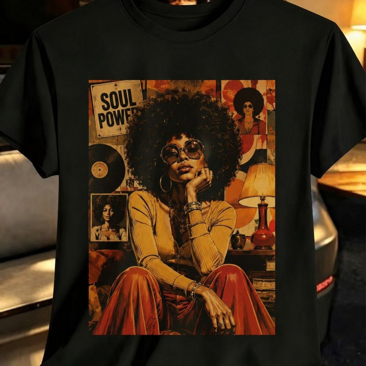 Black Print T-Shirt, Retro 70S Soul Power African Style Nostalgic Women'S Print, Unisex Casual T-Shirt Outdoor Leisure Sports Knit T-Shirt Outdoor Leisure Sports Knit T-Shirt
