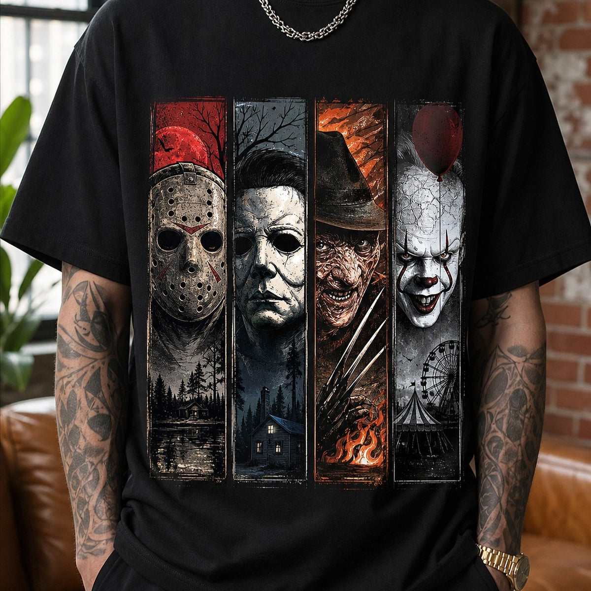 Halloween Costume Men's Gothic Skull Portrait Print Heavyweight Short-Sleeve T-Shirt with Jason Voorhees, Freddy Krueger, and Pennywise Heat Transfer Graphics - Avant-Garde Streetwear for Horror Fans, Fashion Style