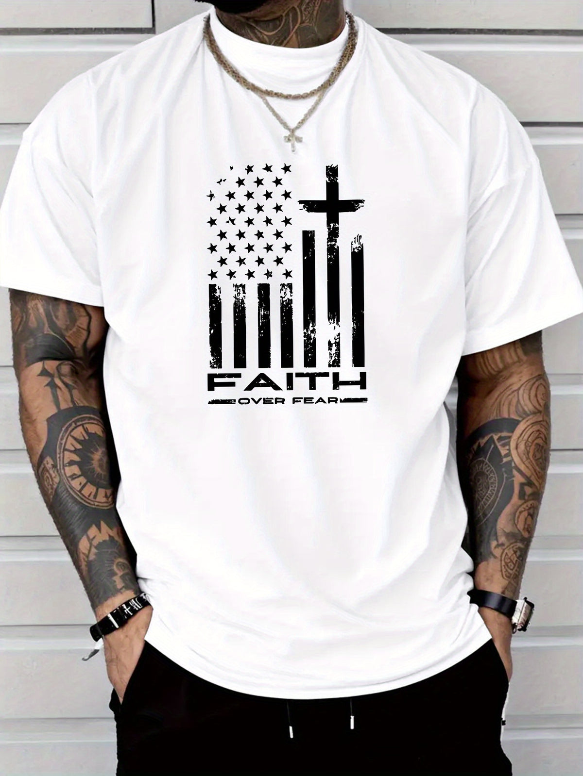 Men'S Patriotic "Faith Over Fear" Graphic T-Shirt - Black with American Flag & Cross Design, Polyester, Lightweight & Comfortable, Casual Summer Style, Perfect Gift for Adults, Casual Summer Wear | Patriotic Design | Comfortable Fit