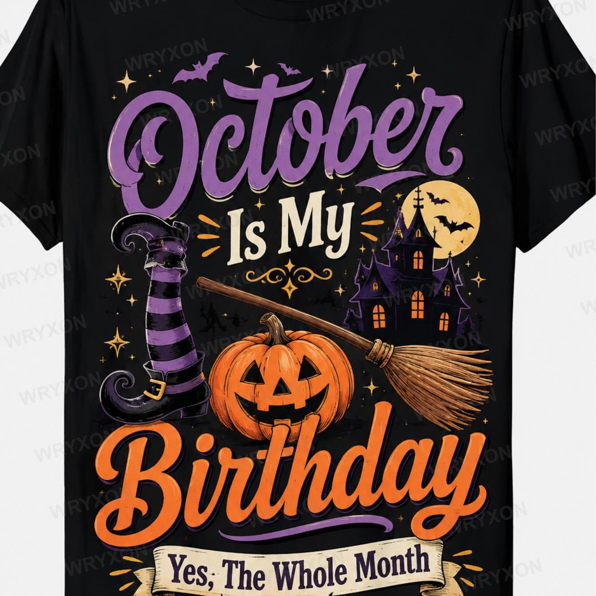 1pc Men's & Women's October Is My Birthday Witch Shoe Broom Haunted House Pumpkin Graphic Short Sleeve T Shirt Halloween Birthday Casual Top 180g 100% Cotton