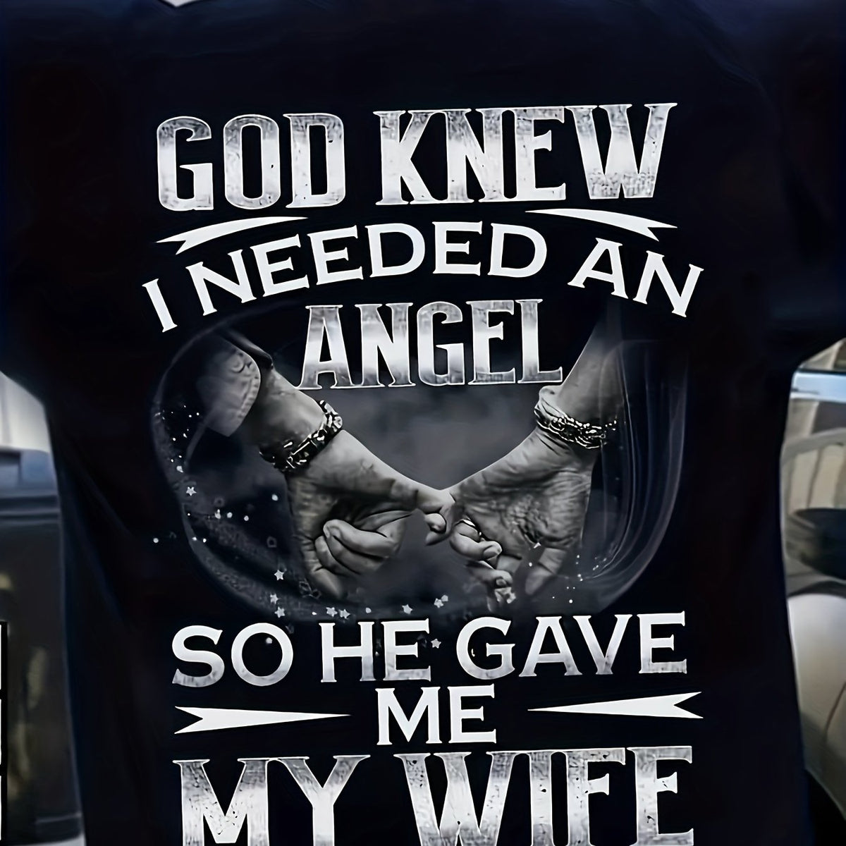 GodAngelWife- Inspiring and Sincere Design Comfortable Men's Black T-Shirt, Pure Cotton, Suitable for Valentine's Day and Anniversary