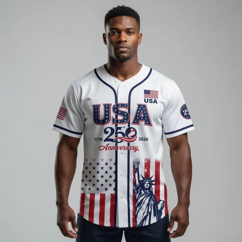 USA 250th Anniversary Patriotic Baseball Fashion Jersey - Flag & Statues Design, Short Sleeve, S/M Sizes, Oversized Professional Jersey Shirts for Fans, Casual Sporty Top for Sports & Outdoor Use