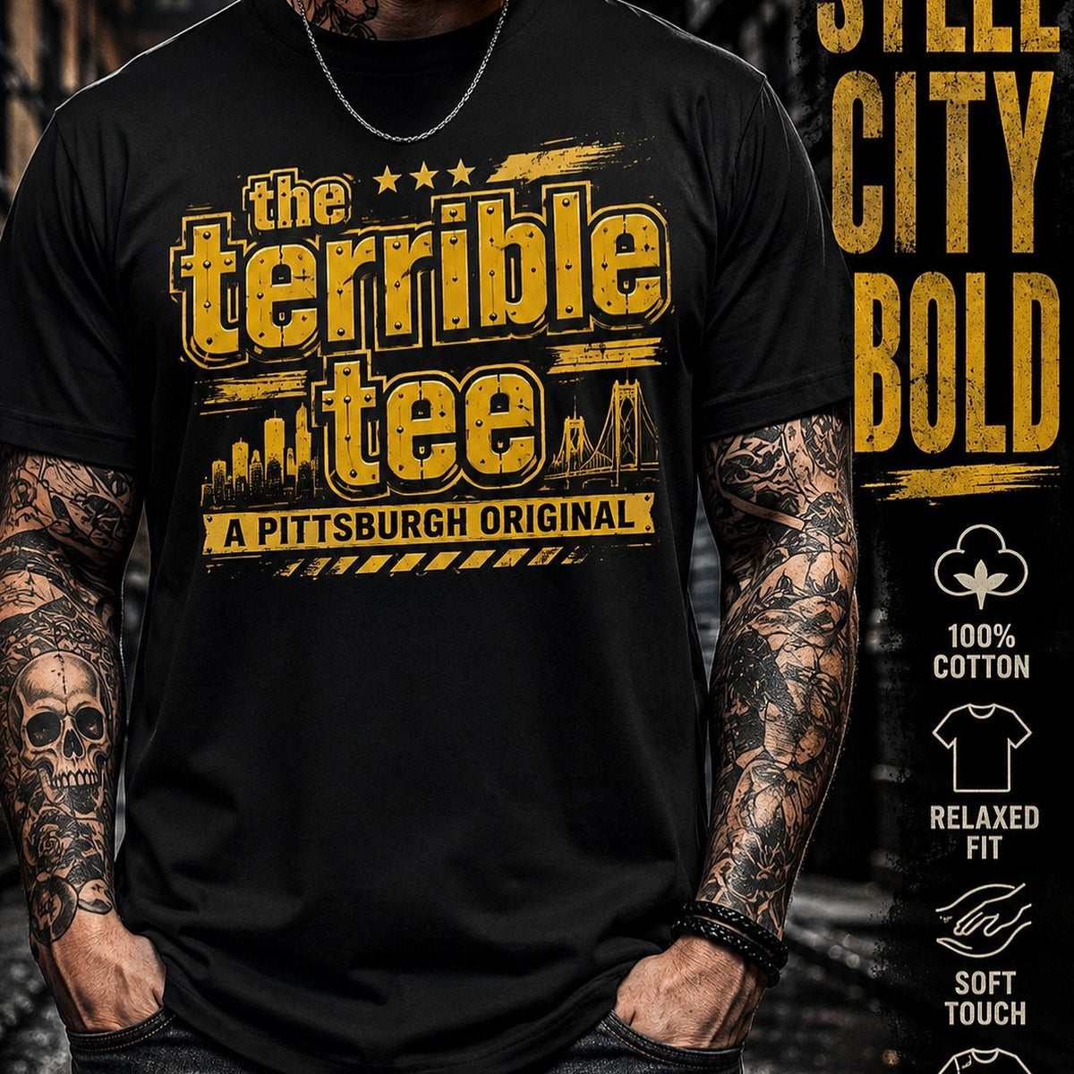 Men's Black T-Shirt Pittsburgh Original Graphic Tee Halloween Hot Gift for Husband Boyfriend Size S-3XL