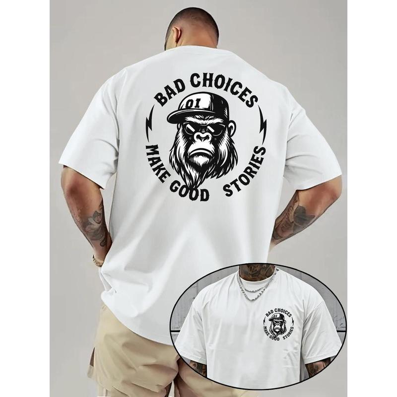 Men's Cotton Round Neck Short-Sleeve Chic Graphic T-Shirt - "Bad Choices Make Good Stories" Chimpanzee Full Print, Casual Street Basics, Perfect Fit Fitted Cut, New Year Apparel, Do Not Dry Clean