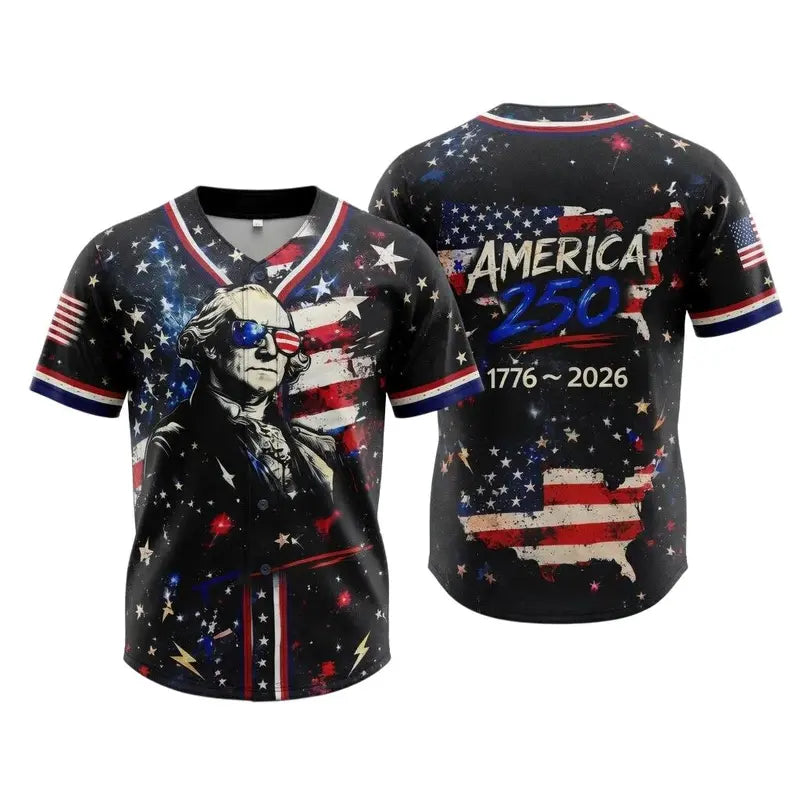 USA 250th Anniversary Patriotic Baseball Fashion Jersey - Flag & Statues Design, Short Sleeve, S/M Sizes, Oversized Professional Jersey Shirts for Fans, Casual Sporty Top for Sports & Outdoor Use