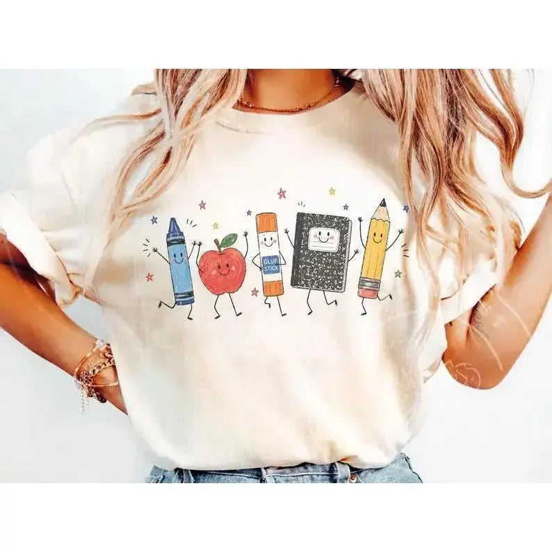 Men's Pure Cotton Slim-Fit Comfort Colors Short-Sleeve Round-Neck Casual Teacher Tshirt - All-Season School Print Sublimation Top, Crayon Pencil Notebook Classroom Gift Apparel