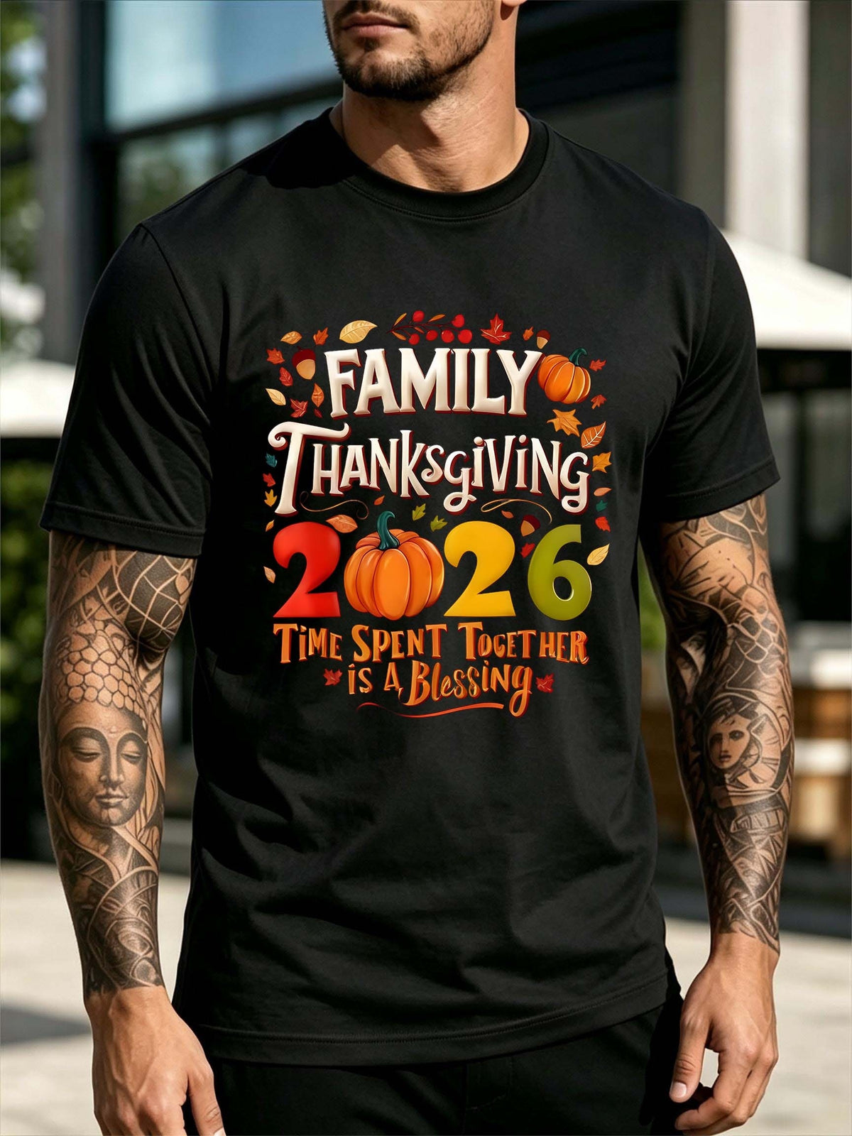 Family Thanksgiving 2026 Pumpkin Fall Leaf Slogan Men Short Sleeve T-Shirt Family Thanksgiving Gathering Crew Neck Tee