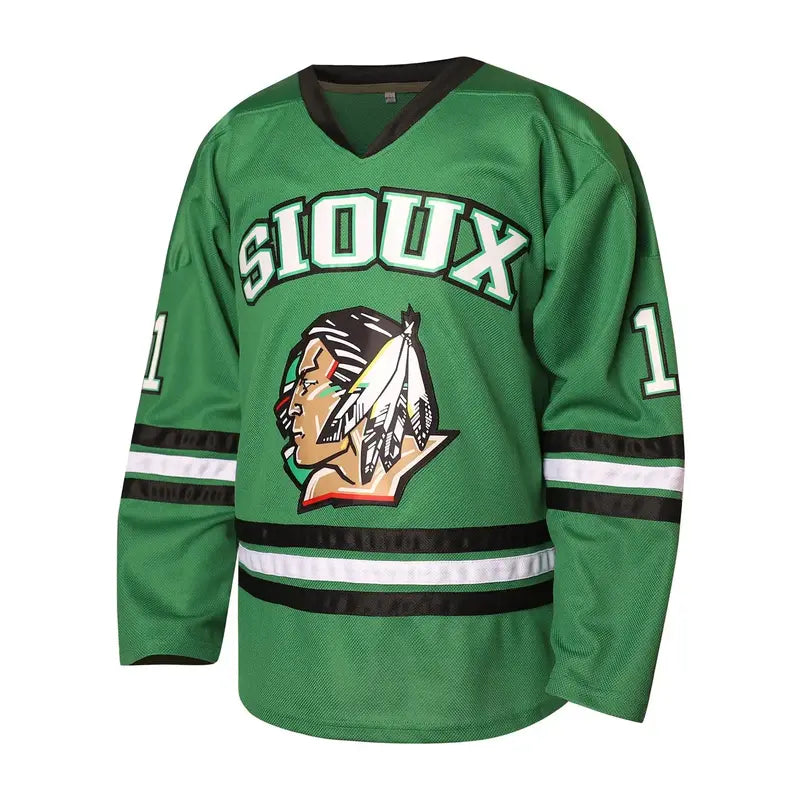 Men's #11 Zach Parise College Fighting Sioux Green Hockey Jersey - Polyester Breathable Mesh Athletic Clothes, Micro-Elastic Quick-Dry Male Casual Party Wear, Retro 90s Halloween/Jersey Parties All-Seasons Activewear