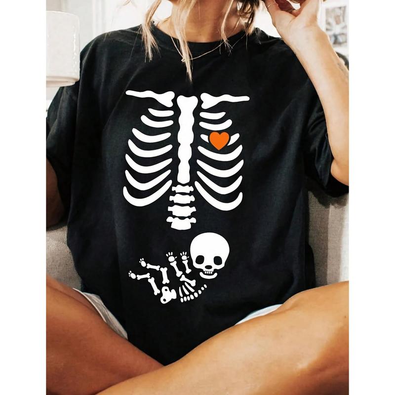 Women's 100%25 Soft Cotton Knit Skeleton Halloween Maternity T-Shirt - 2024 Funny Pregnancy Announcement Top, Skin-Friendly, Slight Stretch, Maternity Clothes, Casual Fall Costume Top for Pregnant New Moms