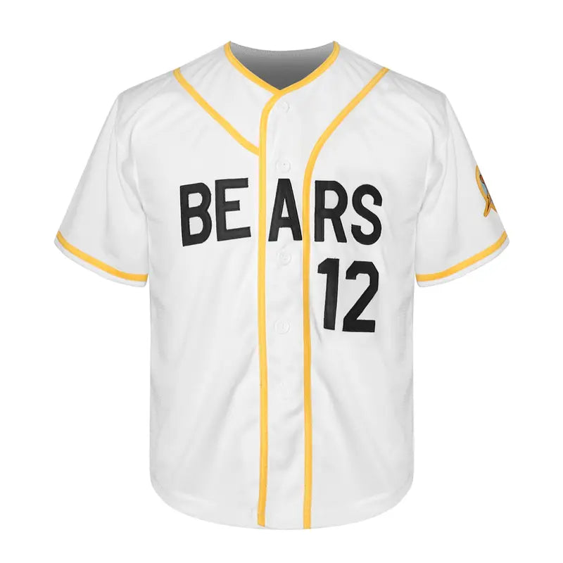 1976 "Let Freedom Ring" Movie Replica Baseball Jersey, #12 Tanner Boyle Movie Fan Gear, Short Sleeves Apparel Jersey with White Base, Yellow Piping & Bail Bonds Logo (Numbered Fronts)