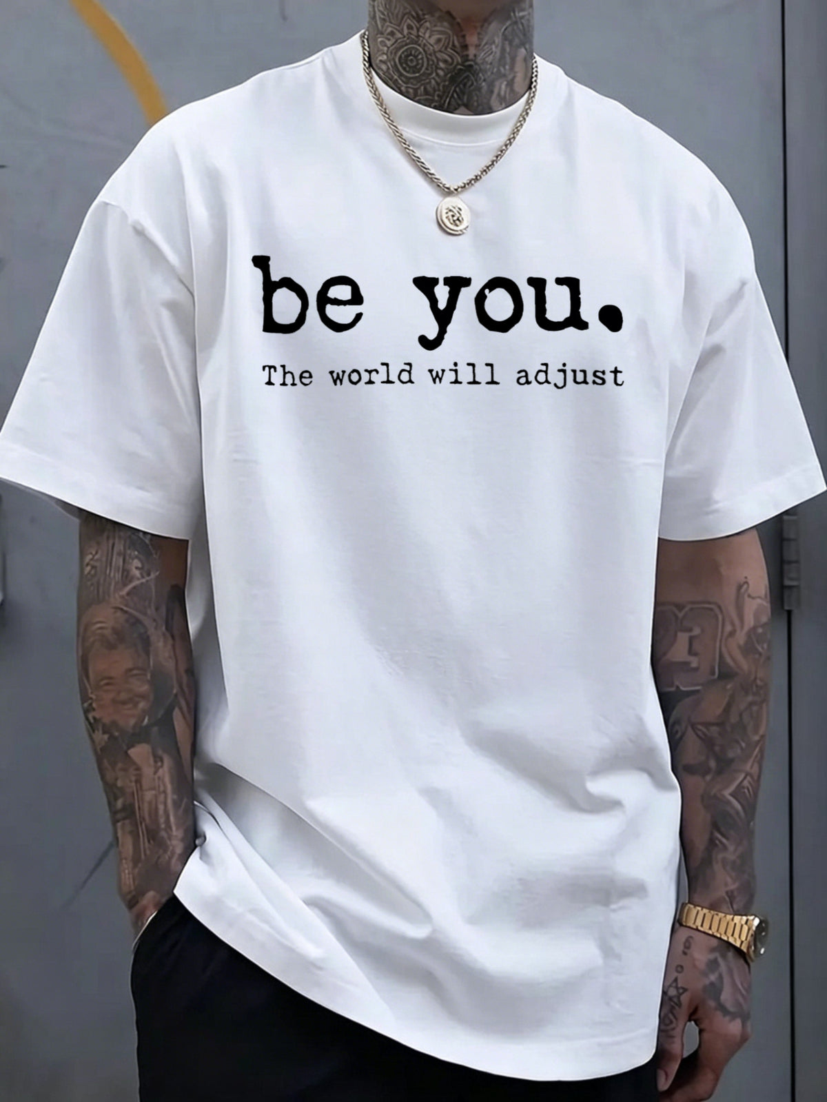 Casual Style, Men's T-Shirt, Be You Motivational Quote Design, Soft Cotton Blend Fabric, for Trendy Men with Tattoos, Casual Attire And Streetwear, Plus Size Available
