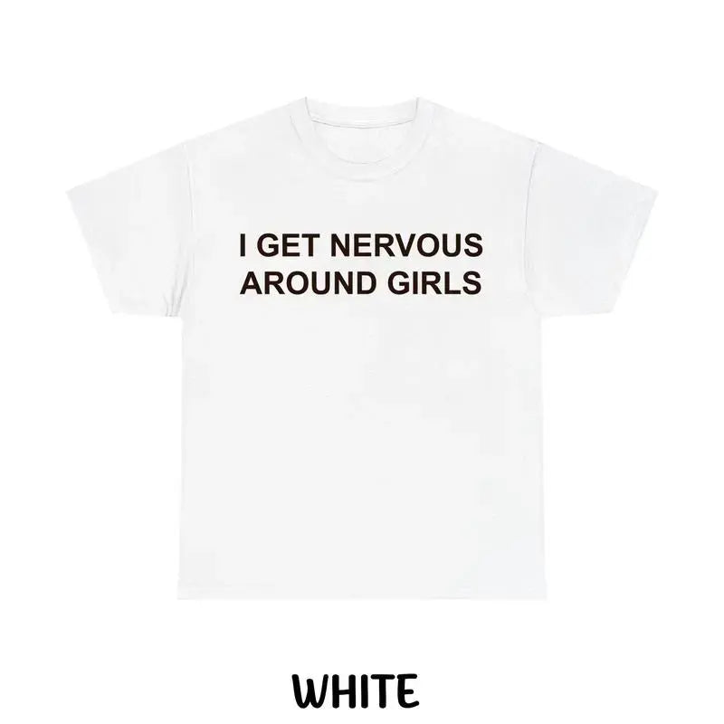 Men's "I Get Nervous Around Girls" Funny All Over Print T-Shirt - Short-Sleeve, Round Neck, 100%25 Cotton Feel, Breathable, Athletic Streetwear Top, Wear-Anywhere Tee, All Seasons Casual Apparel